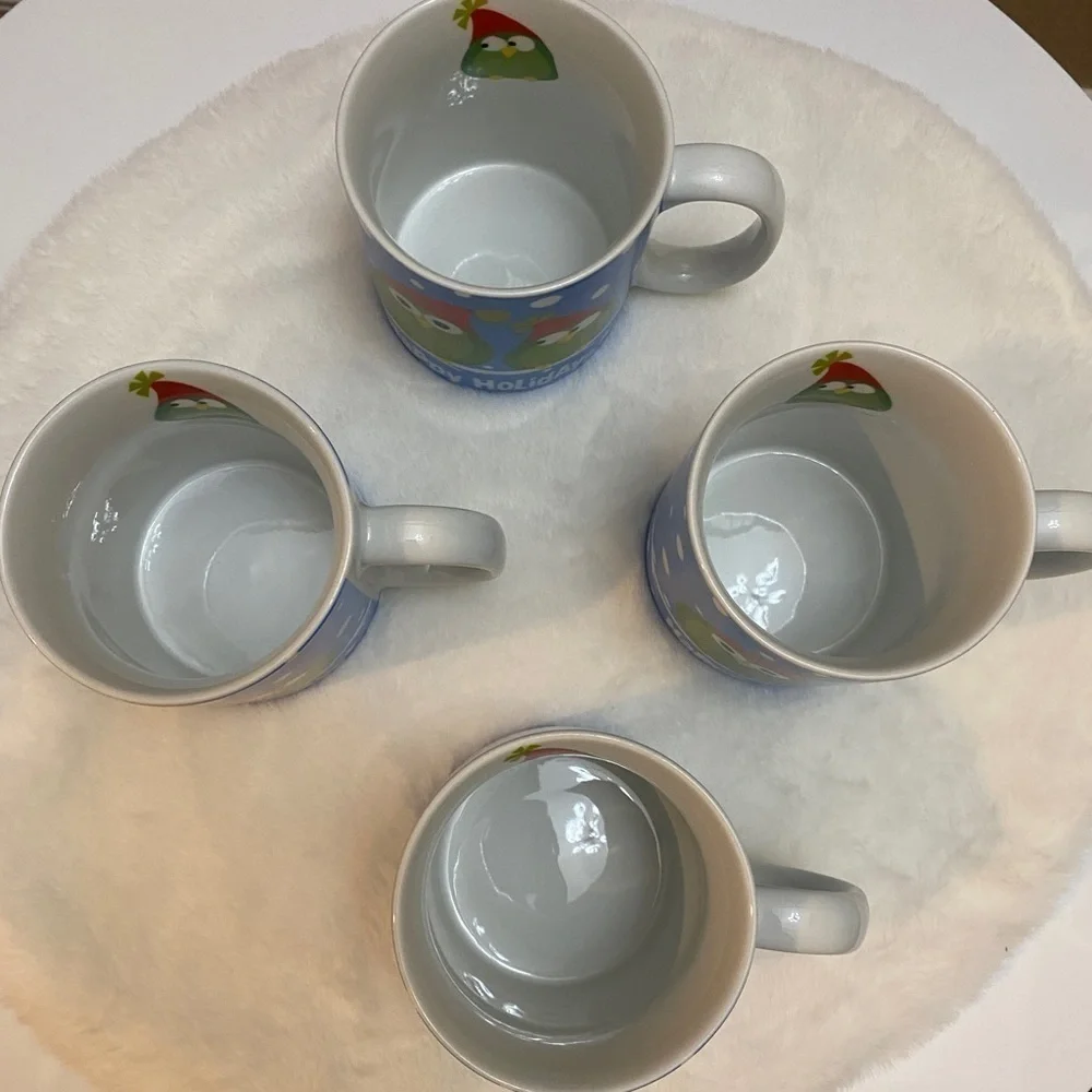 Pier 1 Holiday Owl Mugs – Set of 4 – Christmas Ceramic Cups